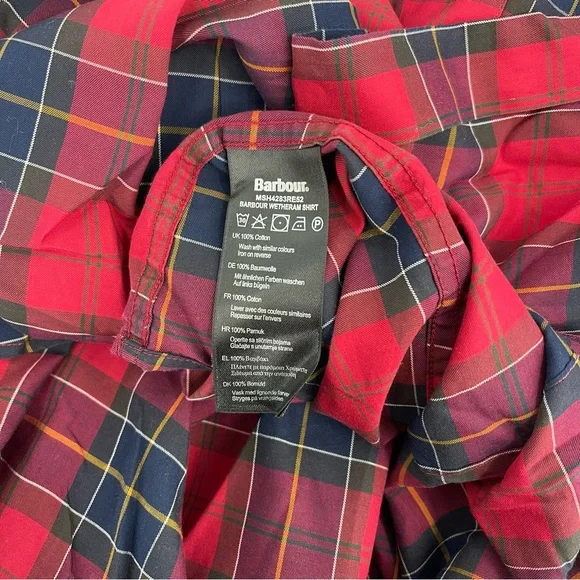 Barbour Wetheram Red Tartan Plaid Button Down Shirt Tailored Fit Mens Size L